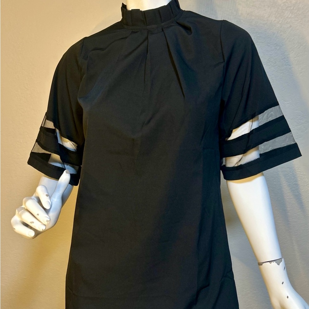 Black Mock Neck Blouse Small with Sheer Mesh Sleeve Panels, Back Button